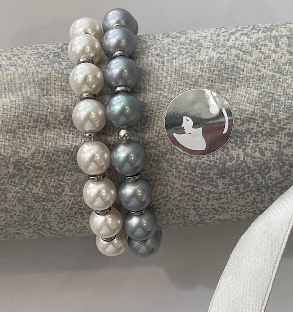 2  BRACELETS ELASTIQUES 16 PERLES de BOHEME 10mm BLANC et GRIS avec RONDELLES ACIER 