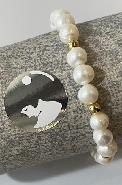 BRACELET ELASTIQUE 21 PERLES EAU DOUCE 08mm + 7 BOULES ARGENT DORE