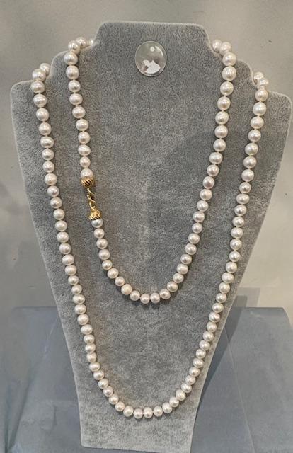 COLLIER 120cm SAUTOIR PERLES EAU DOUCE 08mm NDS FERMOIR TOI et MOI ARGENT DORE