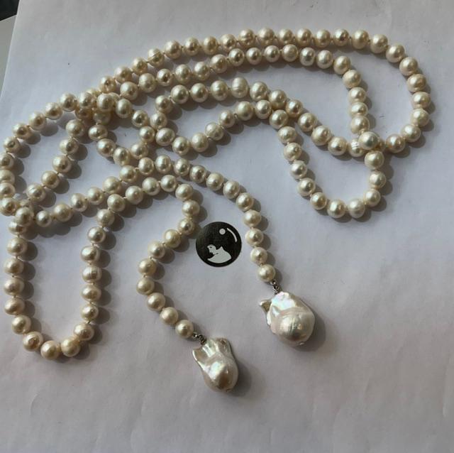 COLLIER ECHARPE 130cm PERLES EUX DOUCE 08mm+ 2 PENDANTS KESHIS  