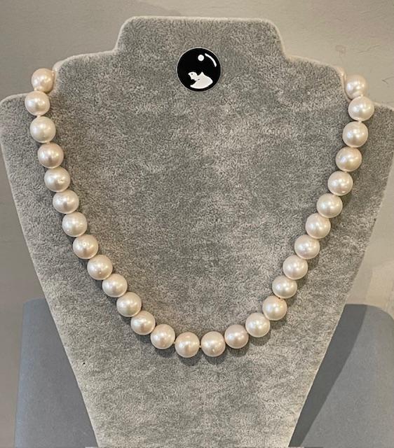 COLLIER 50cm en CHUTE PERLES EAU DOUCE 10-14mm FERMOIR MOUSQUETON ARGENT STRASS 