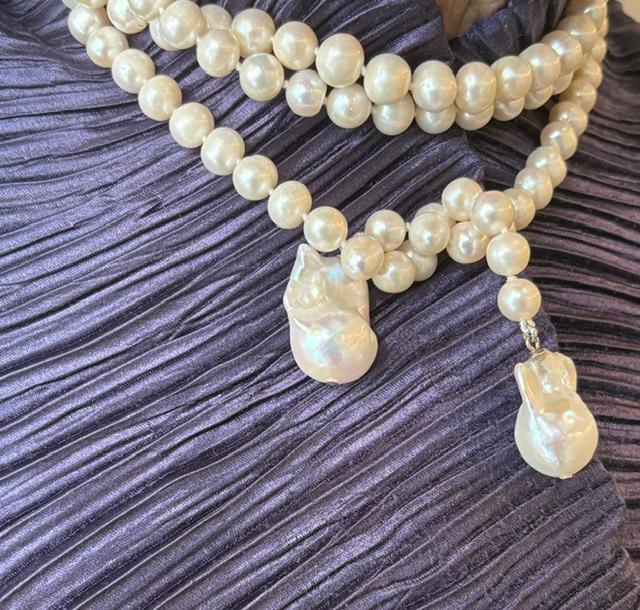 COLLIER ECHARPE 130cm PERLES EUX DOUCE 08mm+ 2 PENDANTS KESHIS  
