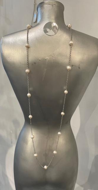 COLLIER 65cm CHAINE ARGENT+ 17 PERLES NATURELLES d'EAU DOUCE 06/07mm FERMOIR MOUSQUETON