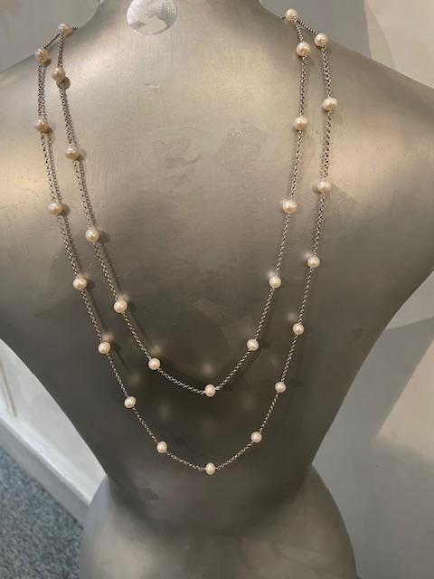 COLLIER 80cm CHAINE ARGENT+ 17 PERLES d'EAU DOUCE 