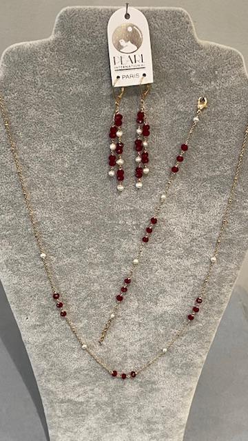 PARURE COLLIER et BRACELET CHAINES PLAQUE OR  PERLES d'EAU DOUCE ET GRENATS