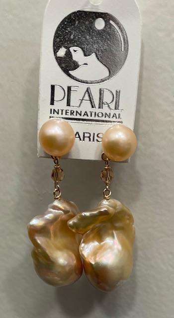 PUCES ARGENT DORE BOUTONS 07mm+CHAINE+CRISTAL+ POIRES BAROQUES 12x17mm PERLES EAU DOUCE KESHIS ROSE MORDORE