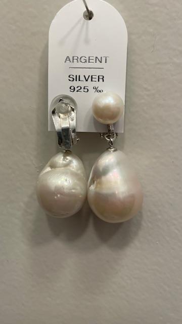 CLIPS ARGENT BOUTONS 07mm + POIRES KESHIS 16x21mm PERLES EAU DOUCE 