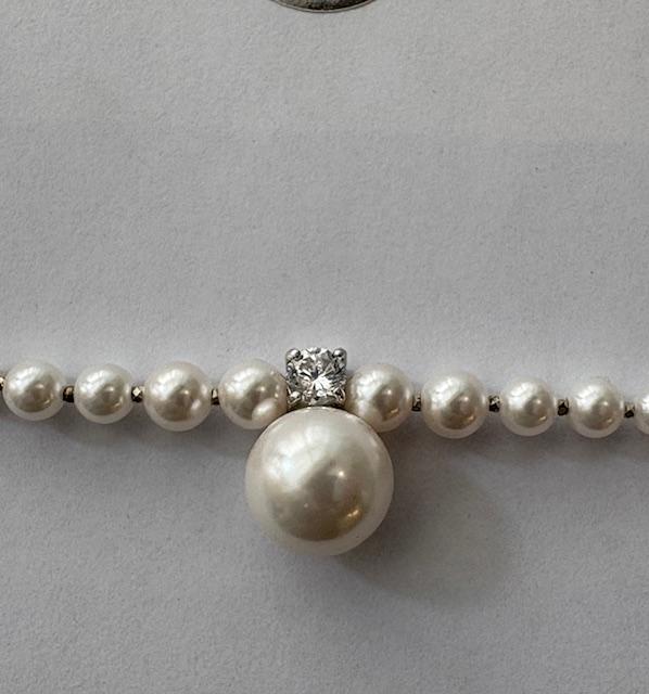 PARURE COLLIER 45cm + PENDENTIF et PUCES ARGENT ZIRCON 06mm  et BOULES PERLES  12