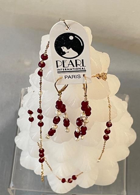 PARURE COLLIER et BRACELET CHAINES PLAQUE OR + DORMEUSES TOKYO PERLES d'EAU DOUCE ET GRENATSD