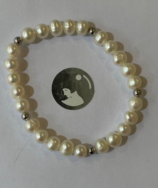 BRACELET ELASTIQUE 25 PERLES EAU DOUCE 07/08mm + 5 BOULES 05mm en ARGENT RHODIE 925°% 