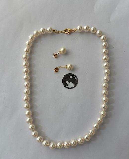COLLIER 40cm PERLES de BOHEME BLANC de qualité STH 08mm  avec des Noeuds Fermoir AD
