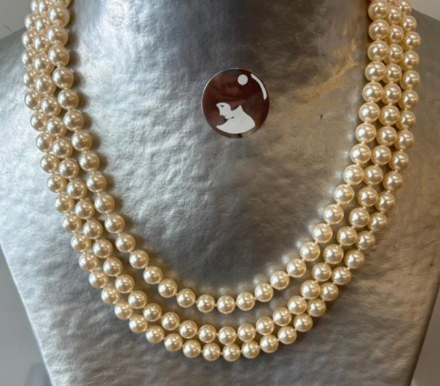 COLLIER 3 RANGS PERLES de BOHEME de qualité STH 08mm. ENFILAGE AVEC NOEUDS. Fermoir ARGENT
