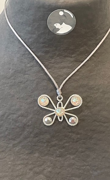 COLLIER CORDON GRIS 80cm REGLABLE + PENDENTIF PAPILLON  ARGENT TORSADE BOUTONS CRISTAL VIEIL ARGENT