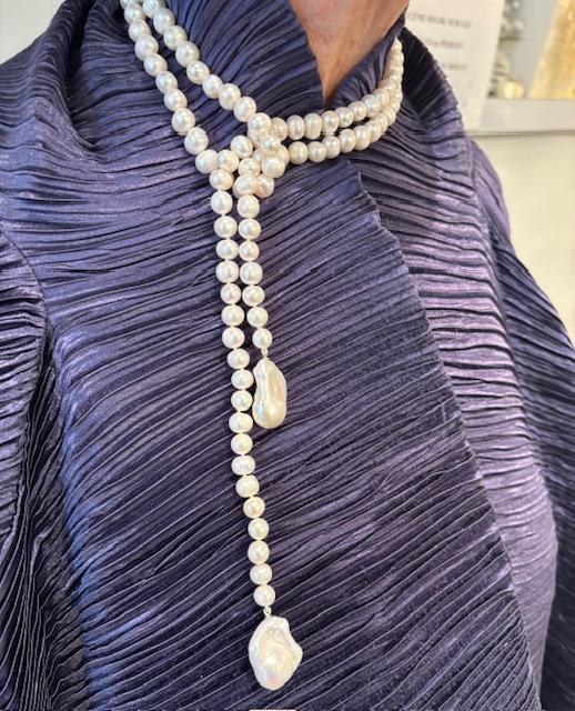 COLLIER 90cm Sans Fermoir ECHARPE + 2 PENDANTS PERLES d'EAU DOUCE KESHIS  