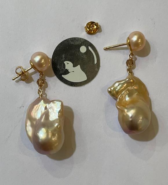 PUCES ARGENT DORE BOUTONS 07mm+CHAINE+CRISTAL+ POIRES BAROQUES 12x17mm PERLES EAU DOUCE KESHIS ROSE MORDORE