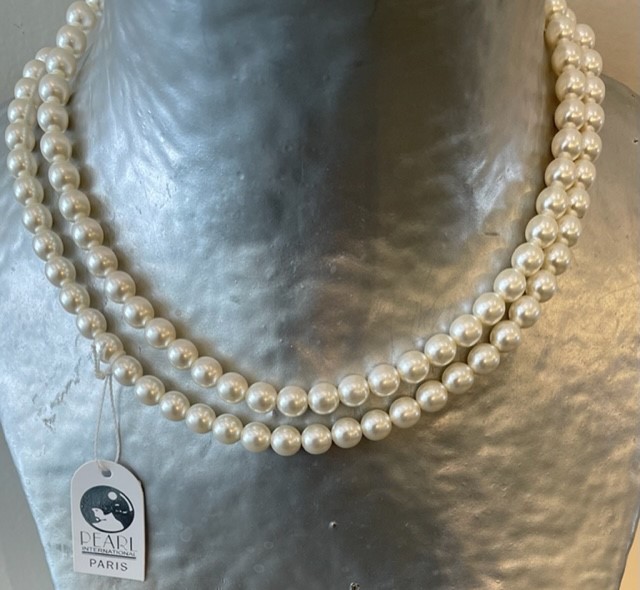 COLLIER SAUTOIR 80cm PERLES de BOHEME CREME 05mm avec des Noeuds Fermoir ARGENT