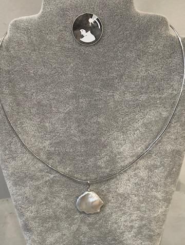 COLLIER CHAINE ARGENT SEMI RIGIDE 40cm + PENDENTIF PERLE KESHI