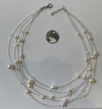 COLLIER ROCAILLES de BRODERIE PERLES NAT ET CRISTAL SW 5 RANGS 40-45cm Fermoir ARGENT