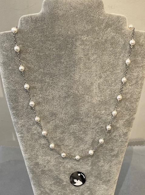COLLIER 42cm CHAINE ARGENT+23 PERLES NATURELLES d'EAU DOUCE 08/09mm FERMOIR MOUSQUETON