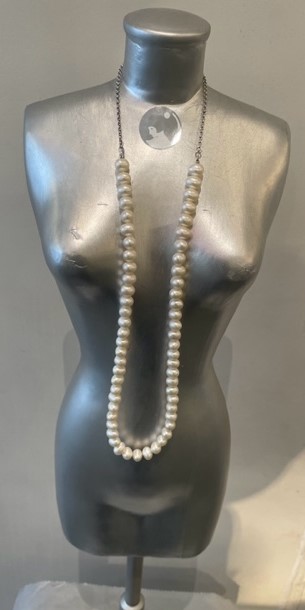 COLLIER 65cm PERLES EAU DOUCE 08mm 42cm+CHAINE ARGENT 23cm SANS FERMOIR