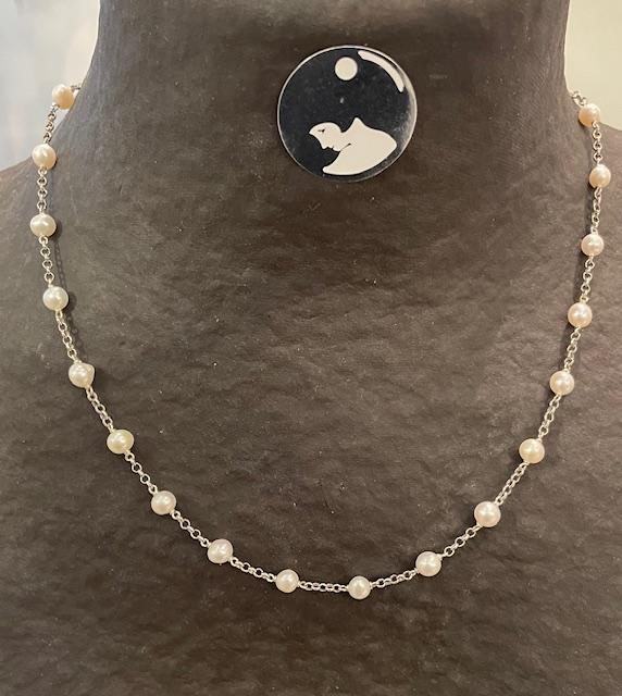 COLLIER 42cm CHAINE ARGENT+23 PERLES NATURELLES d'EAU DOUCE 08/09mm FERMOIR MOUSQUETON