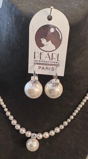 PARURE COLLIER 45cm+PENDENTIF et DORMEUESES ARGENT ZIRCONS 06mm et PERLES BOULES 12mm   