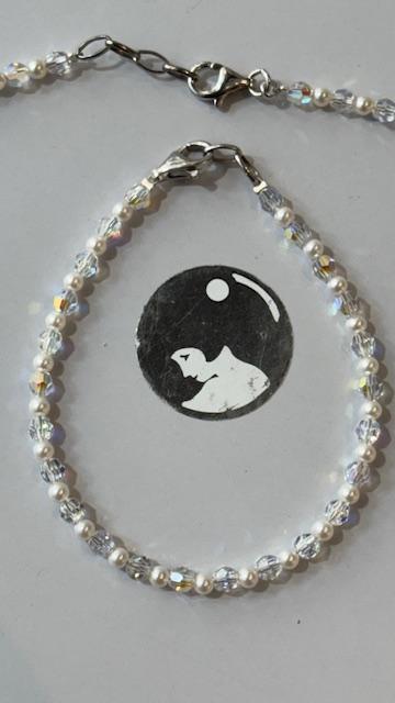 BRACELET 18cm PERLES UREA 03mm et CRISTAL 04mm FERMOIR ARGENT 