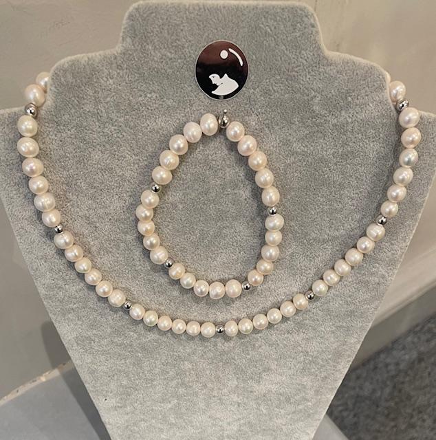  PARURE COLLIER et BRACELET PERLES EAU DOUCE 08mm + BOULES ARGENT 925%°