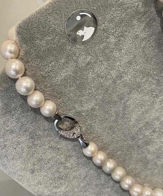 COLLIER 50cm en CHUTE PERLES EAU DOUCE 10-14mm FERMOIR MOUSQUETON ARGENT STRASS 