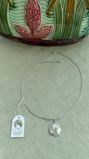 COLLIER CHAINE ARGENT SEMI RIGIDE 40cm + PENDENTIF PERLE KESHI