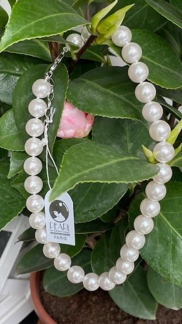 BRACELET PERLES BOHEME de qualité STH BLANC 12mm 20cm avec des NOEUDS FERMOIR ARGENT