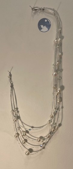 COLLIER ROCAILLES de BRODERIE PERLES NAT ET CRISTAL SW 5 RANGS 40-45cm Fermoir ARGENT