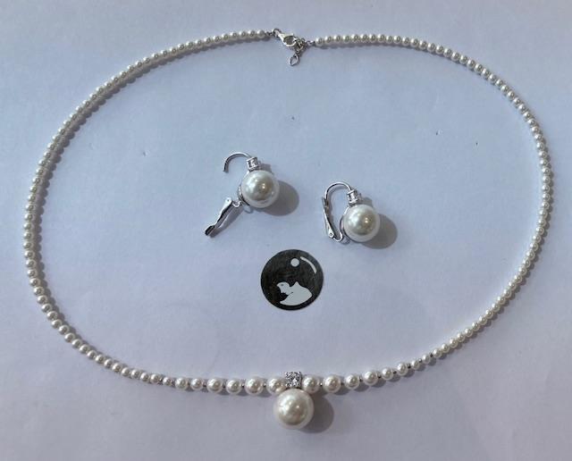 PARURE COLLIER 45cm+PENDENTIF et DORMEUESES ARGENT ZIRCONS 06mm et PERLES BOULES 12mm   