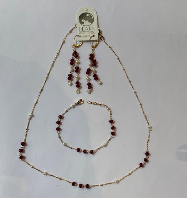 PARURE COLLIER et BRACELET CHAINES PLAQUE OR + DORMEUSES TOKYO PERLES d'EAU DOUCE ET GRENATSD