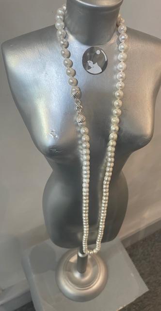 COLLIER 90cm SAUTOIR PERLES EAU DOUCE 08mm NDS FERMOIR TOI et MOI ARGENT RHODIE 925°%