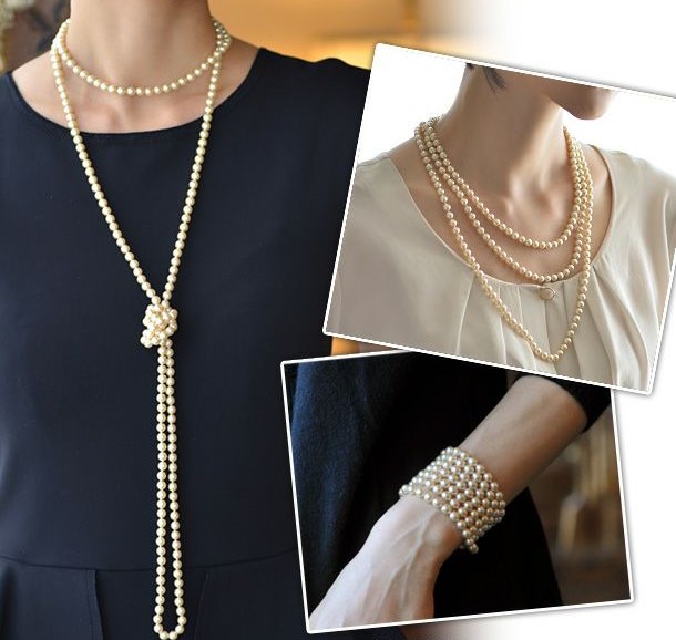 COLLIER 160cm SAUTOIR PERLES de BOHEME de qualité STH 06mm Crème. Enfilage avec des Noeuds FERMOIR ARGENT