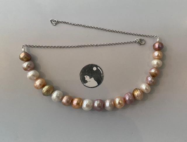 COLLIER 45cm  CHAINE ARGENT 20 PERLES / BOULES BAROQUES 11/12mm KESHIS MULTI ROSE   