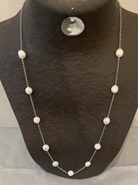 COLLIER 70cm CHAINE ARGENT +11 PERLES EAU DOUCE forme PASTILLES rondes
