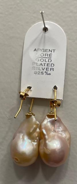 DORMEUSES ITALIENNES ARGENT DORE + LARMES KESHIS PERLES EAU DOUCE 14x26mm ROSE