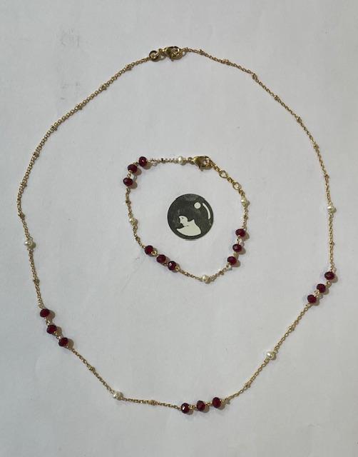 PARURE COLLIER et BRACELET CHAINES PLAQUE OR  PERLES d'EAU DOUCE ET GRENATS