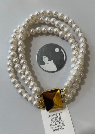 BRACELET 19cm PERLES BOHEME de qualité STH BLANC 06mm FERMOIR CLIQUET en ARGENT DORE