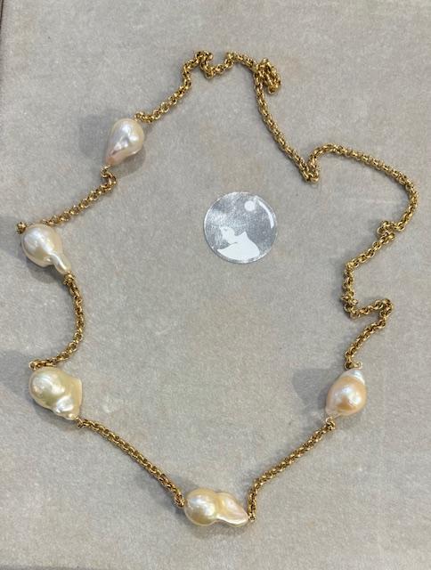 COLLIER CHAINE ARGENT DORE 65cm 5 PERLES KESHIS