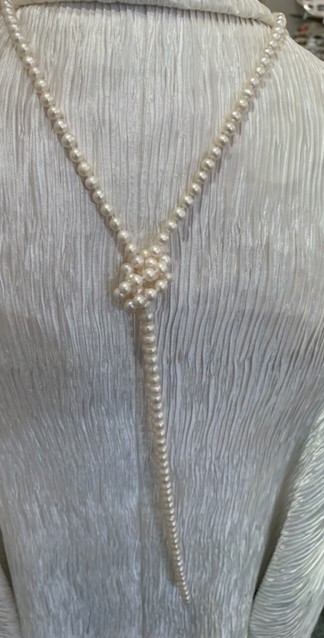 COLLIER 160cm SAUTOIR PERLES EAU DOUCE 07/08mm avec NOEUDS FERMOIR CLIQUET ARGENT RHODIE925°% et STRASS