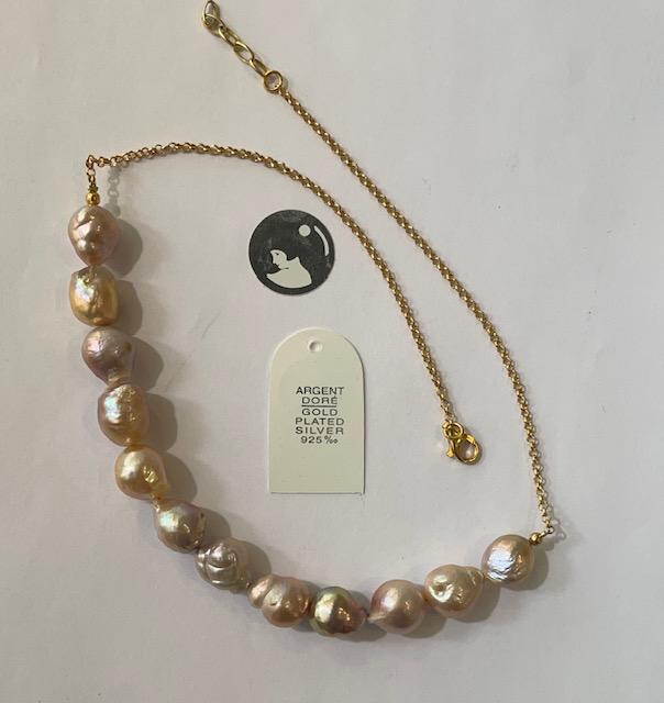 COLLIER 48cm CHAINE ARGENT DORE+12 PERLES / POIRES BAROQUES d'EAU DOUCE " KESHIS " MULTI COLOR