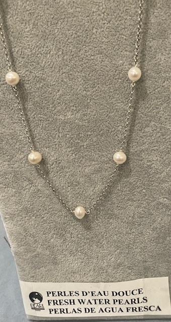 COLLIER 65cm CHAINE ARGENT+ 17 PERLES NATURELLES d'EAU DOUCE 06/07mm FERMOIR MOUSQUETON