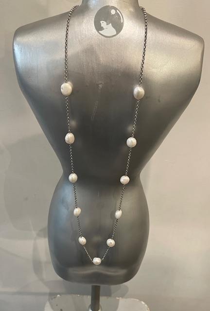 COLLIER 70cm CHAINE ARGENT +11 PERLES EAU DOUCE forme PASTILLES rondes