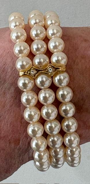 BRACELET ELASTIQUE 3 RANGS PERLES de BOHEME STH 06mm 3 BARRETTES PLAQUE OR+STRASS  