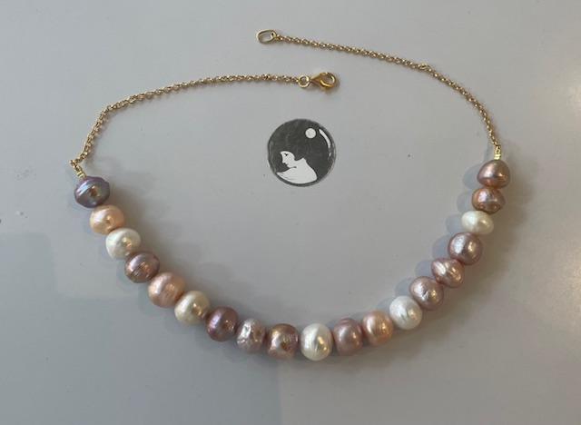 COLLIER 43cm CHAINE ARGENT DORE 19 PERLES / BOULES BAROQUES 11-12mm MULTI COLOR