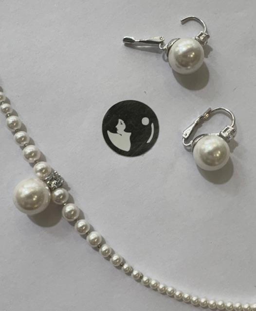 PARURE COLLIER 45cm+PENDENTIF et DORMEUESES ARGENT ZIRCONS 06mm et PERLES BOULES 12mm   