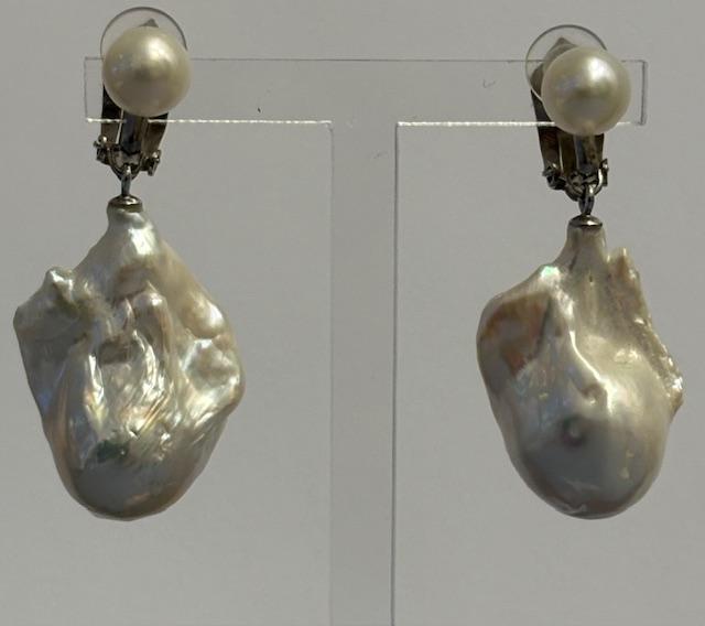 CLIPS ARGENT BOUTONS 07mm + POIRES KESHIS 113x30mmm PERLES EAU DOUCE 